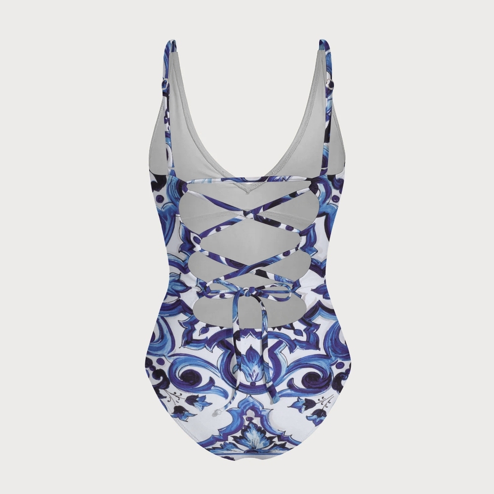 V Neck Cross Back Baroque Print Swimsuit