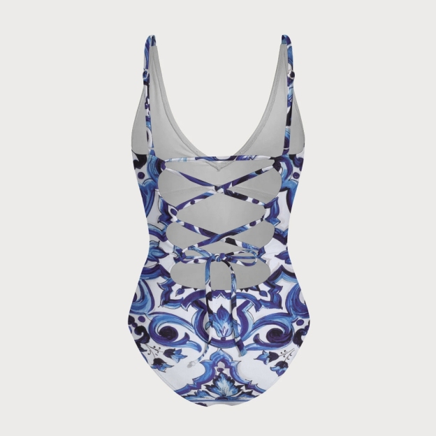 V Neck Cross Back Baroque Print Swimsuit