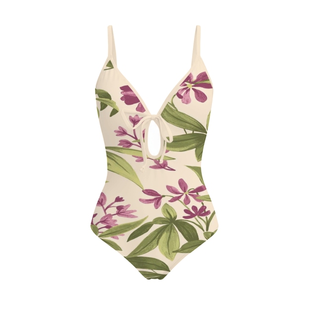 Plunge Tie Front Swimsuit, Slit Skirt, Tropical Floral Set