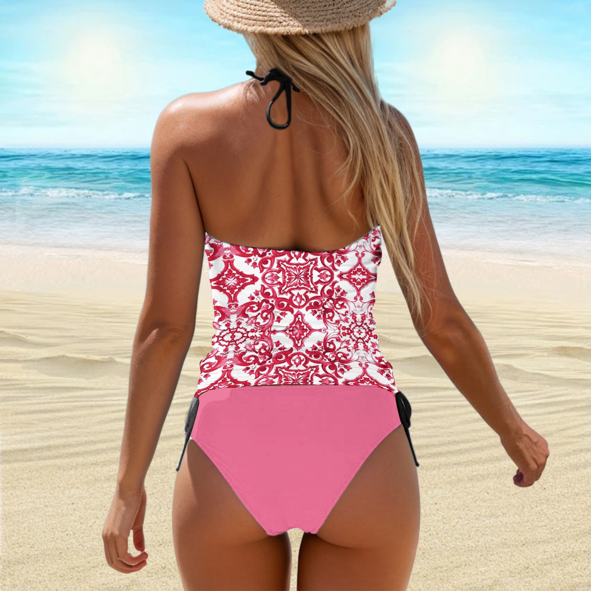 Halter Tankini Set Tile Print Pink Tie