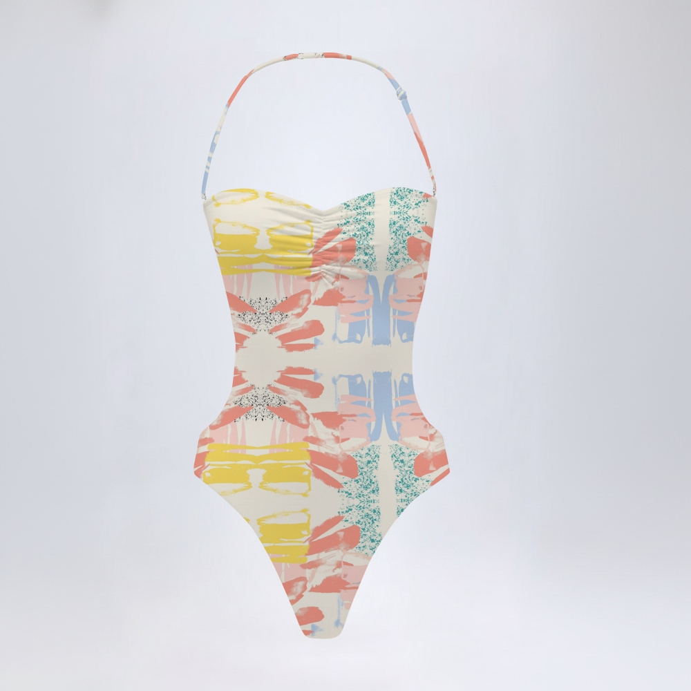 Brushstroke Print Strapless Slim Fit Swimsuit
