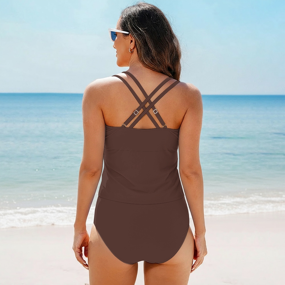 Womens Tankini Set Multicolor Adjustable Straps High Waist Tie Side Bottoms Cross Back