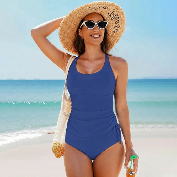 Womens Tankini Set Multicolor Adjustable Straps High Waist Tie Side Bottoms Cross Back