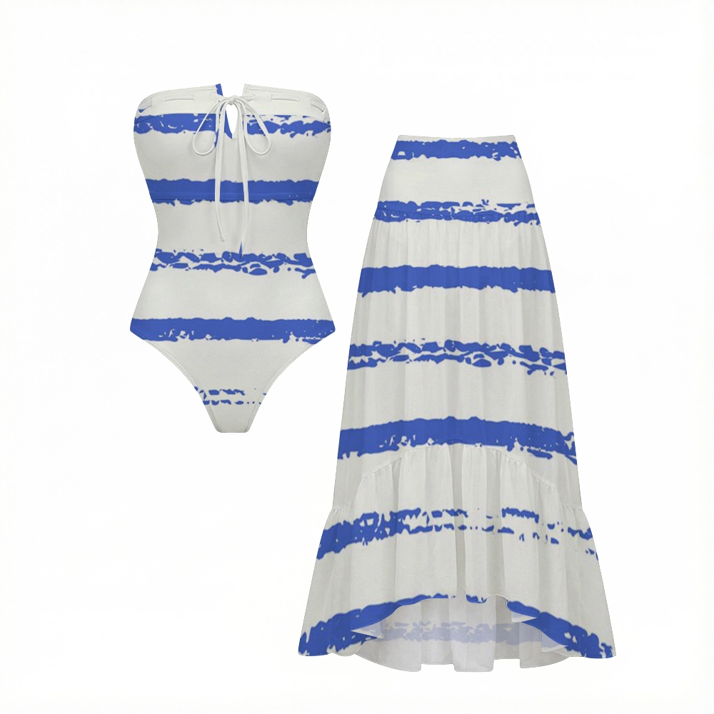Stripe Halter Bikini & Ruffle Skirt Set