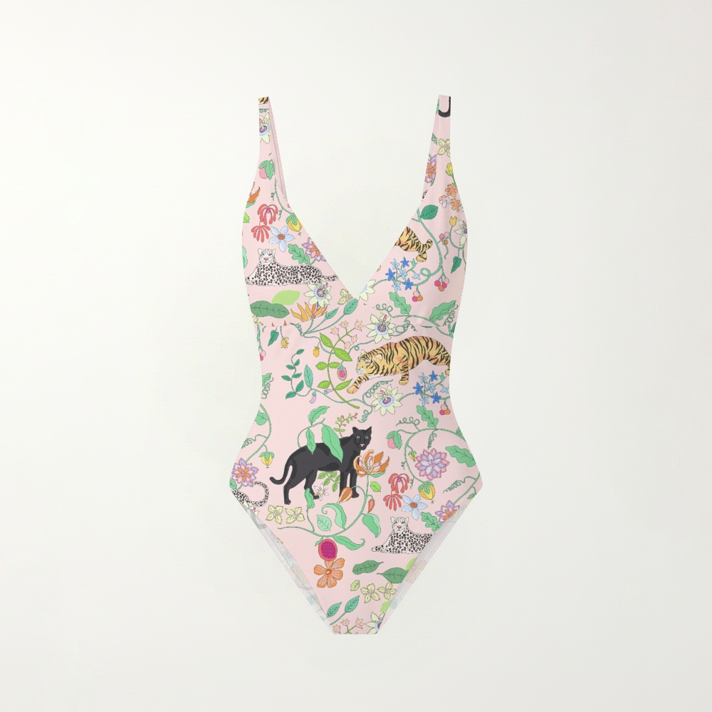 Animal And Floral Prints Plunging Swimsuit