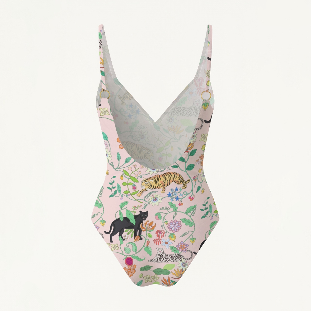 Animal And Floral Prints Plunging Swimsuit