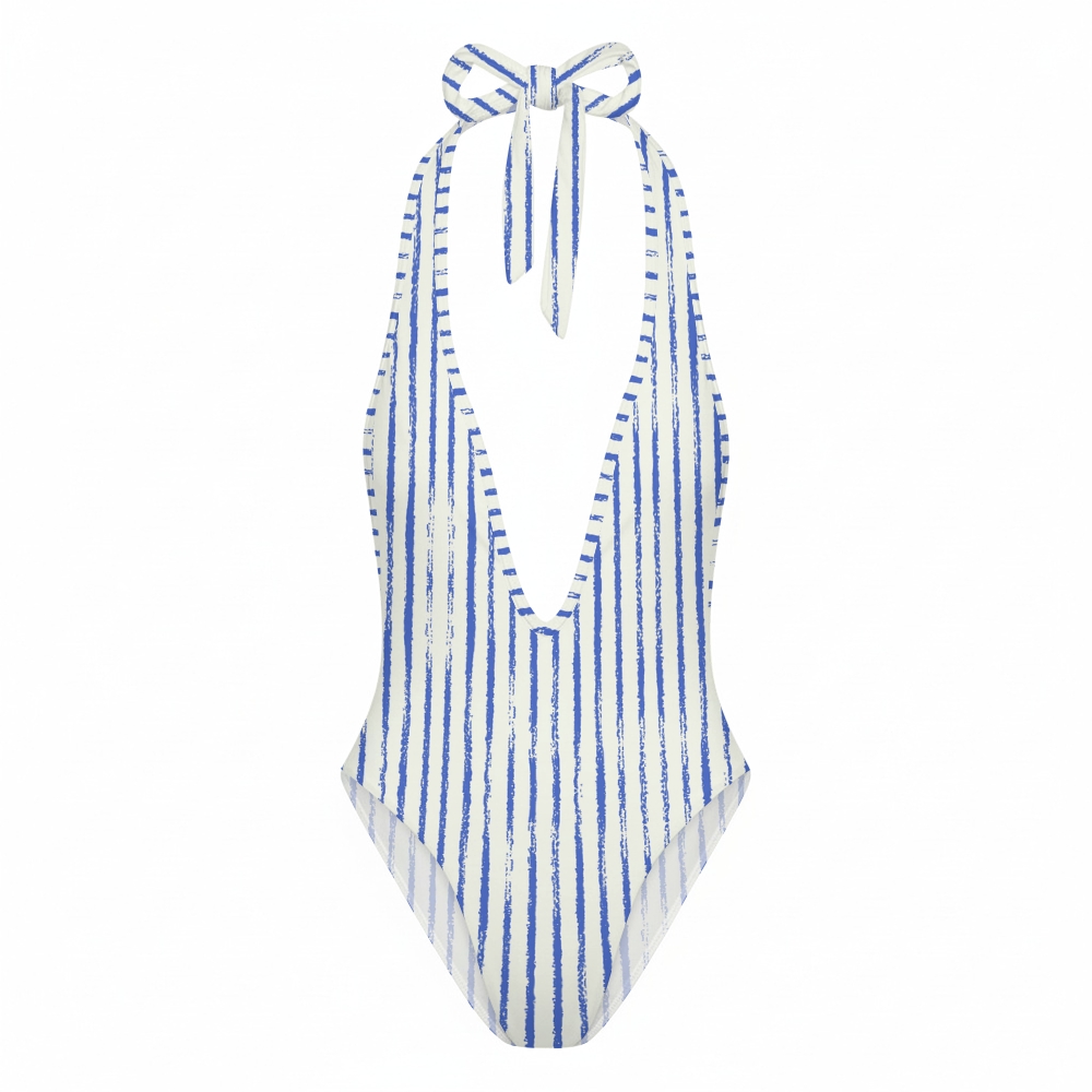 Women Striped One Piece Swimsuit Backless Bathing Suit