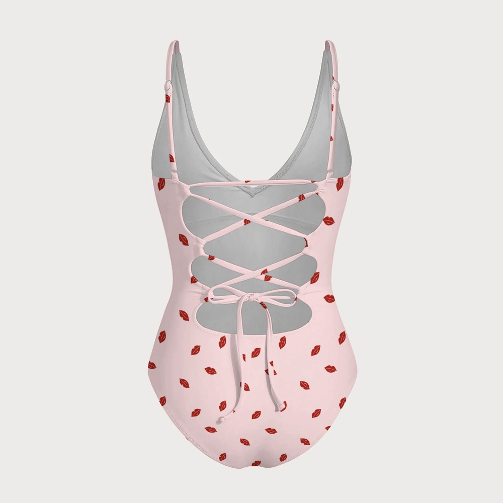 Red Lip Print Off White Tummy Control Swimsuit