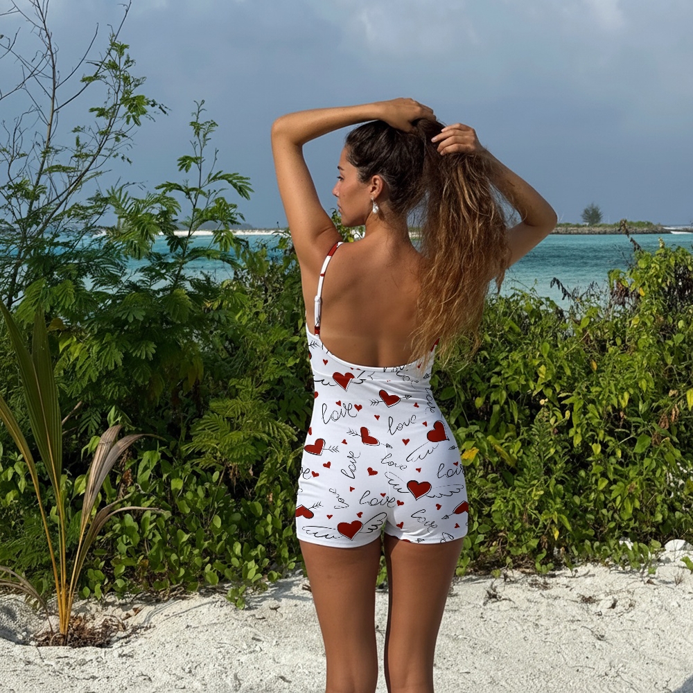 Love Heart & Text Print Spaghetti Strap Swimsuit