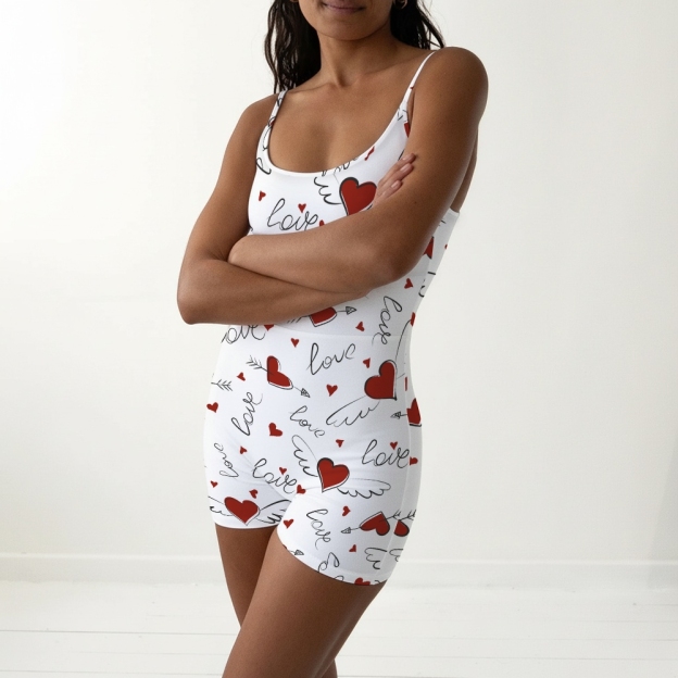 Love Heart & Text Print Spaghetti Strap Swimsuit