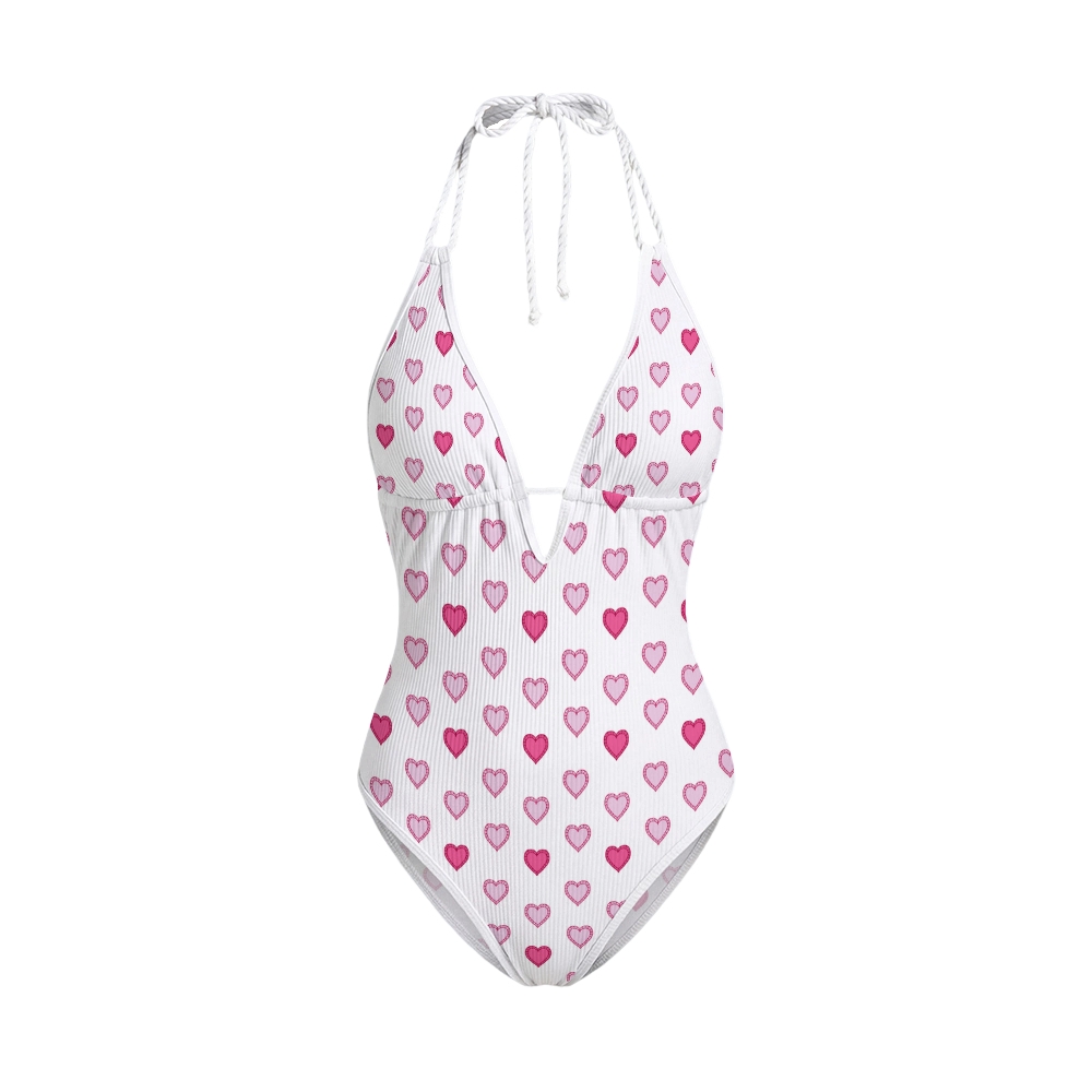 Pink Heart Print Contrast V Neck Swimsuit