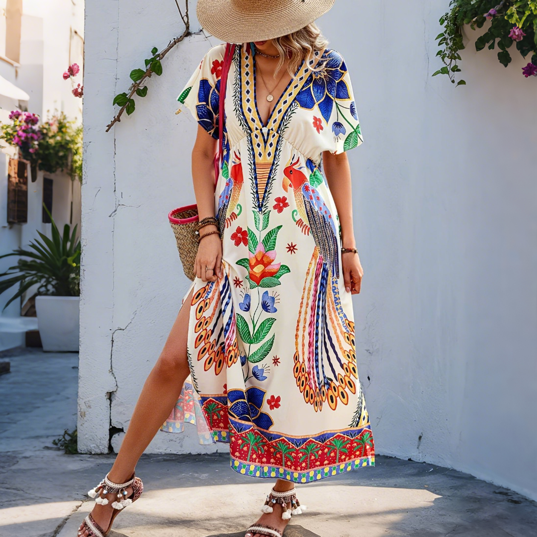 Women's New Bohemian Peacock Print V-Neck Dress with Cinched Waist