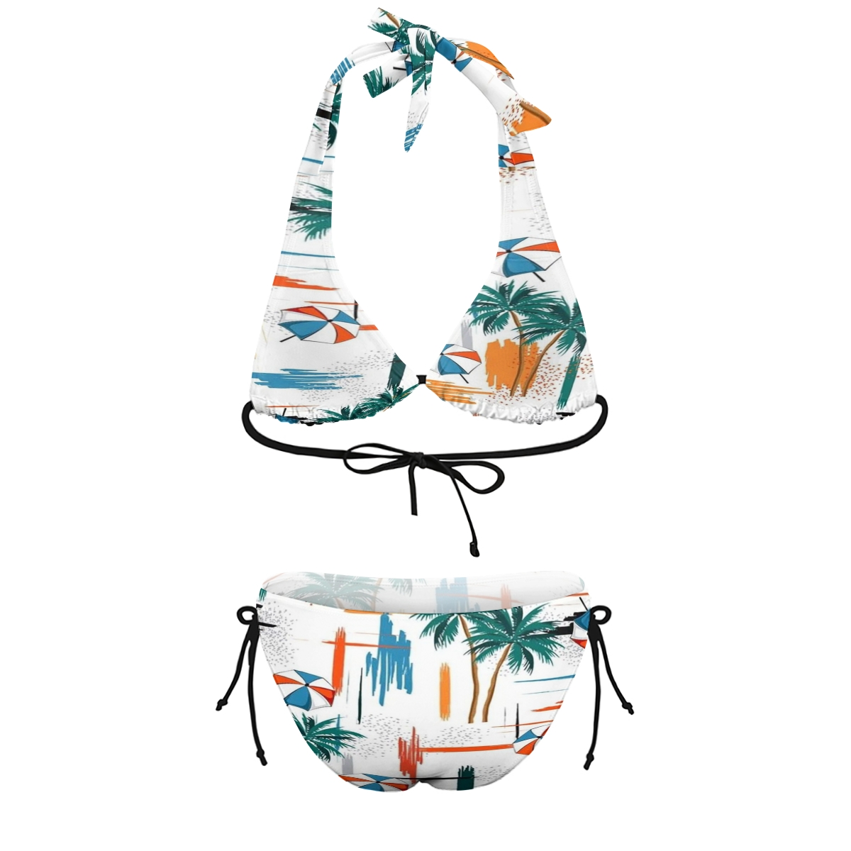 Tropical Beach Print Deep V Halter Tie Bikini