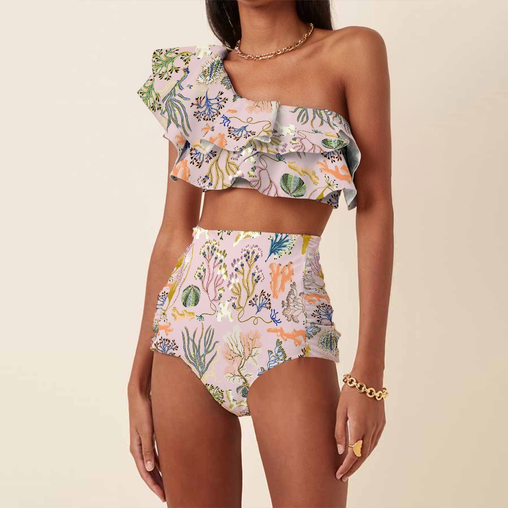 Ocean Pattern Print Ruffle Bikini Set