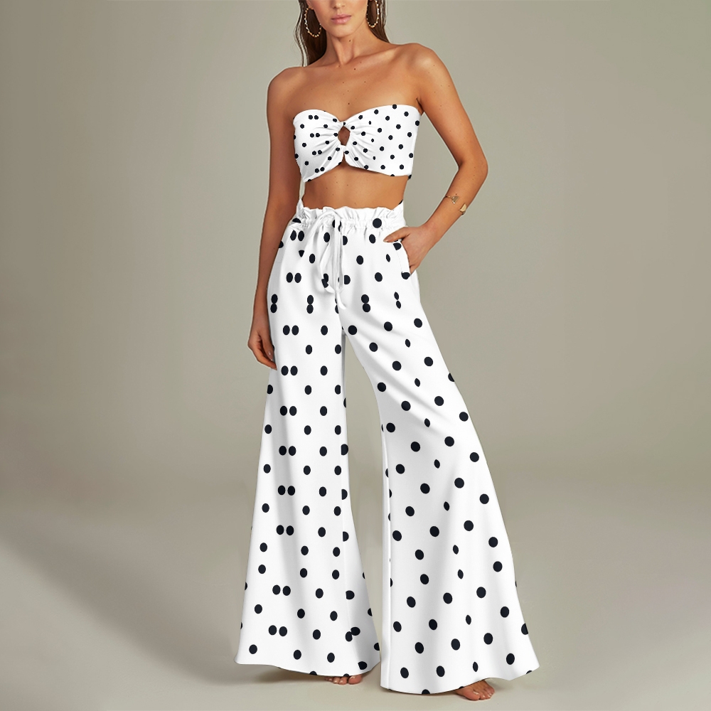 Polka Dot Strapless Knot Wide Leg Pants 3-Piece Set