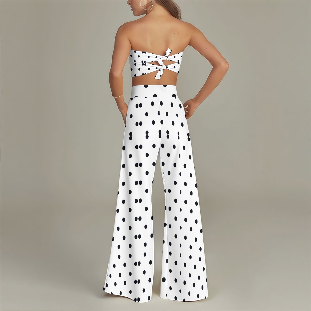 Polka Dot Strapless Knot Wide Leg Pants 3-Piece Set