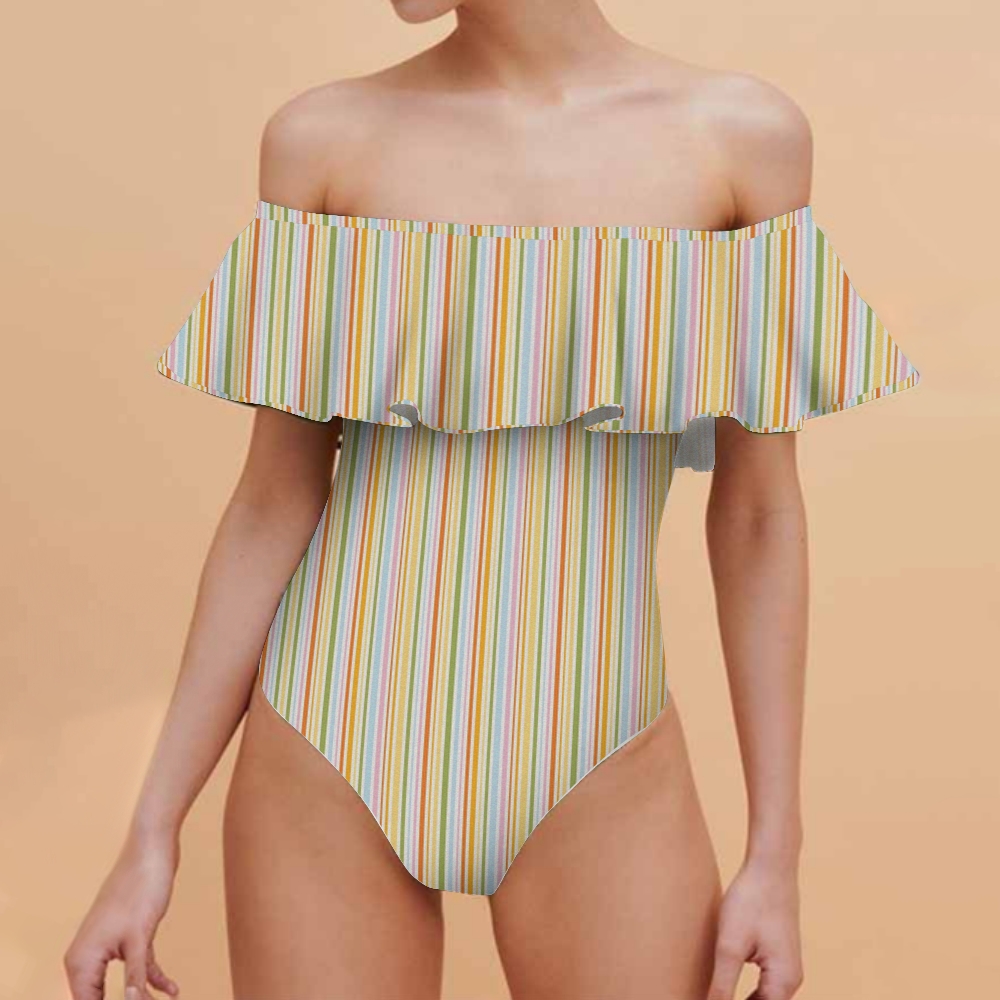 Vertical Stripe Ruffle Off Shoulder Swimsuit