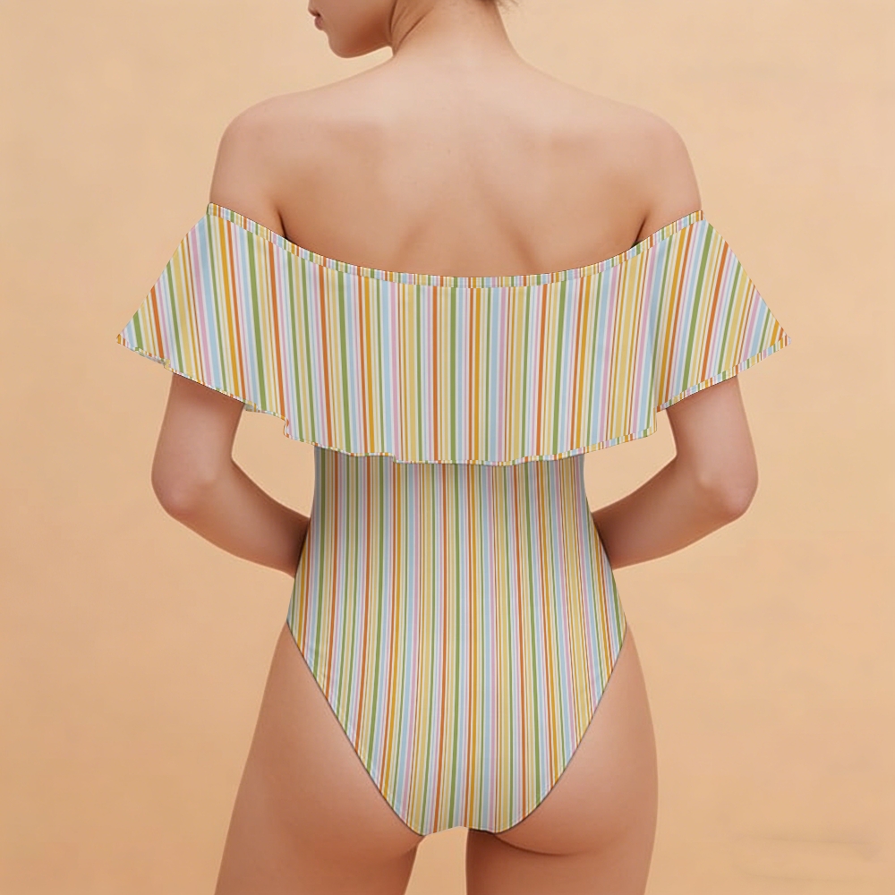 Vertical Stripe Ruffle Off Shoulder Swimsuit