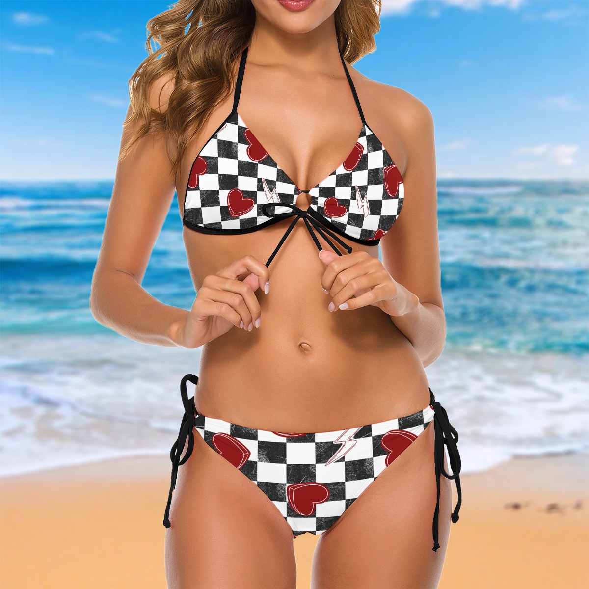Checkered Pattern And Hearts Printed Triangle Bikini