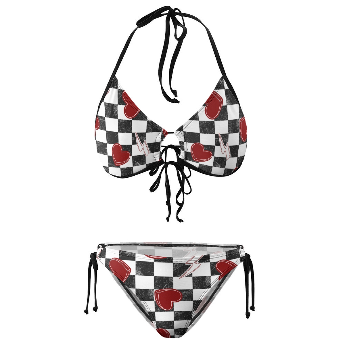 Checkered Pattern And Hearts Printed Triangle Bikini