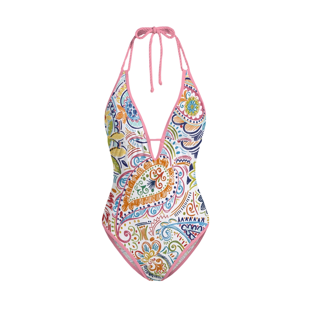 Colorful Paisley Pattern Print Contrast Swimsuit