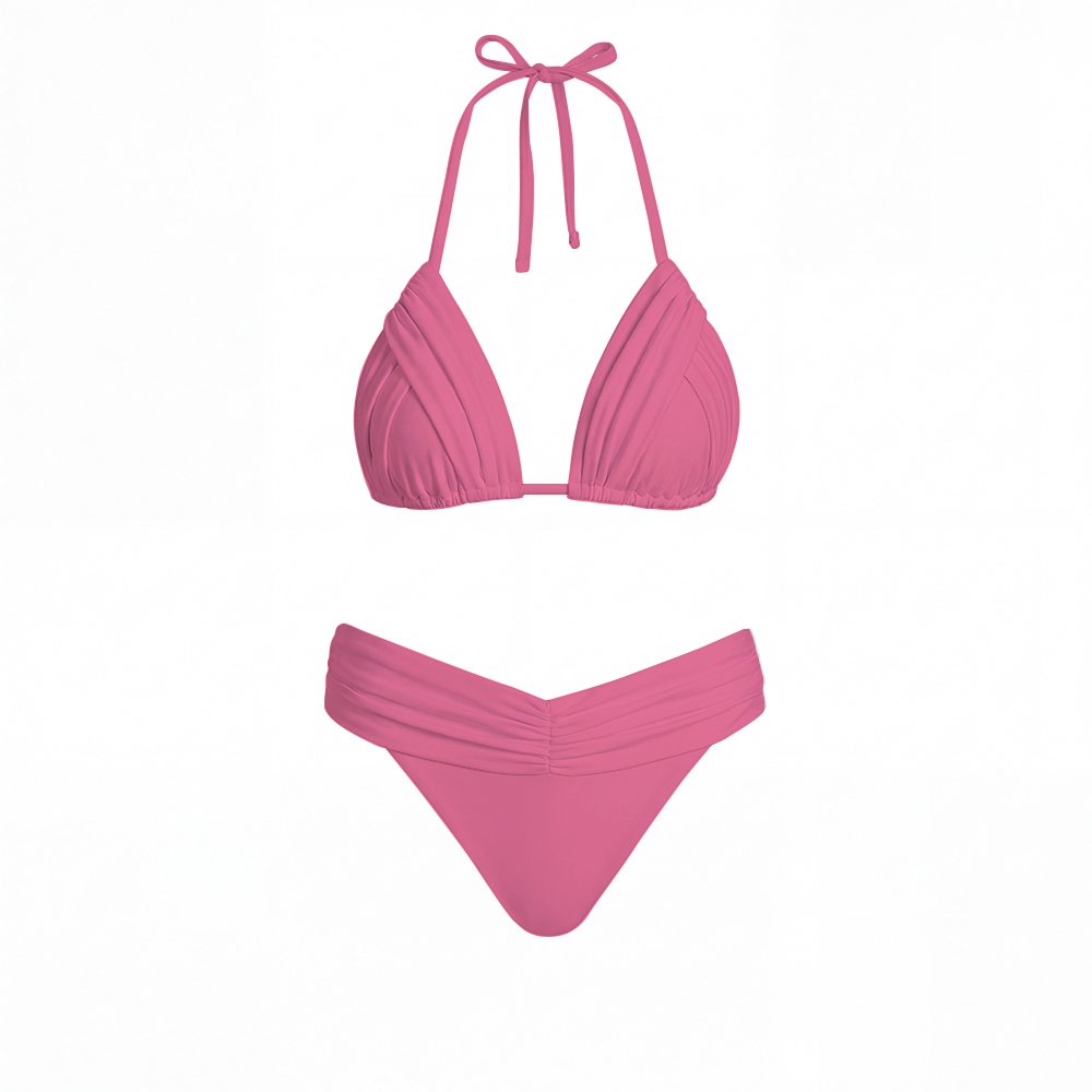 Pink Ruched High Waist Halter Tie Bikini