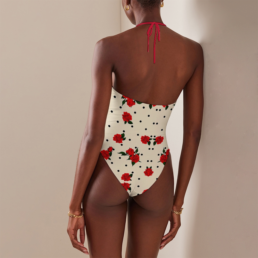 Cream Red Rose Polka Dot Halter Cutout Swimsuit