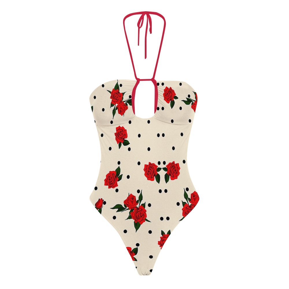 Cream Red Rose Polka Dot Halter Cutout Swimsuit