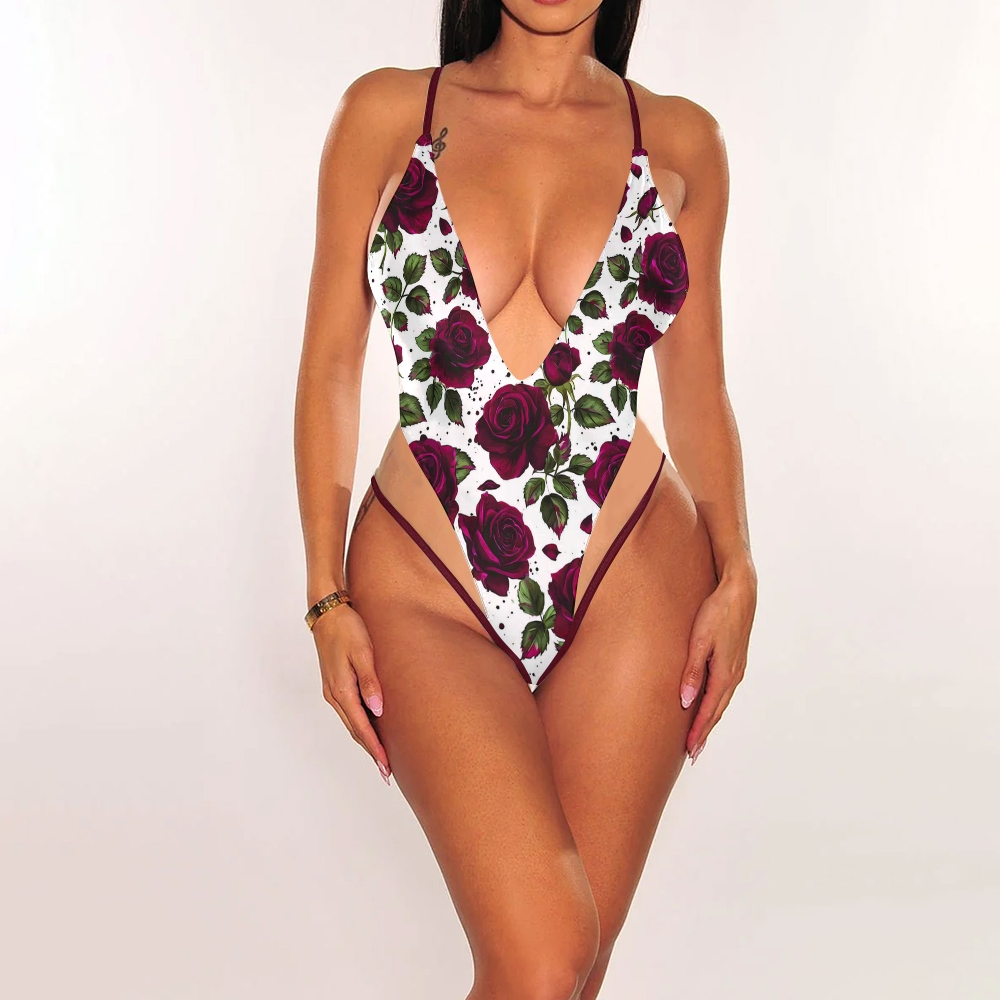 Women's Deep V-Neck Rose Print Swimsuit