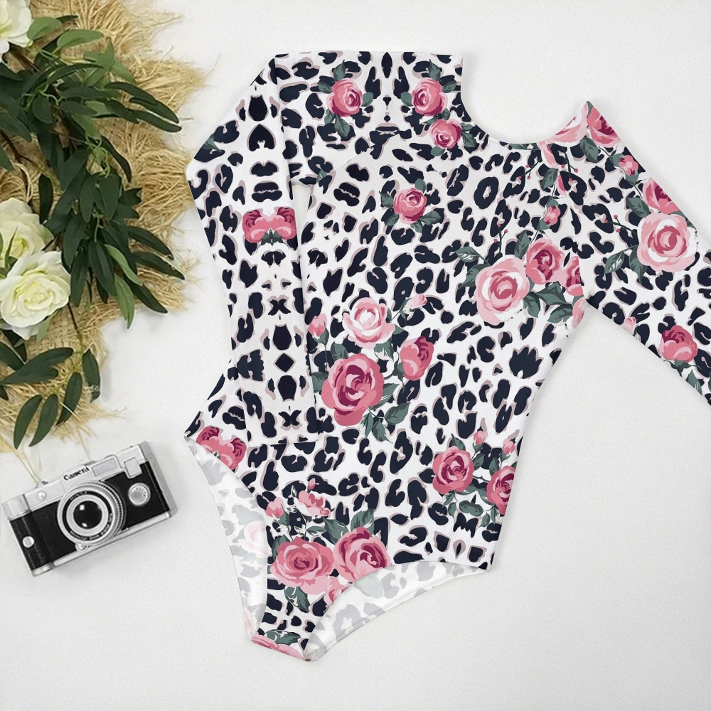 Leopard Pink Rose Floral Long Sleeve Backless Swimsuit