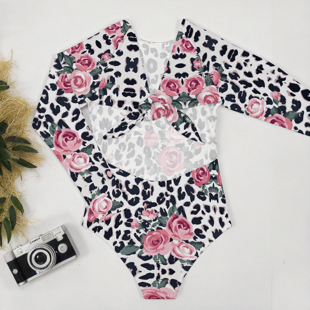 Leopard Pink Rose Floral Long Sleeve Backless Swimsuit