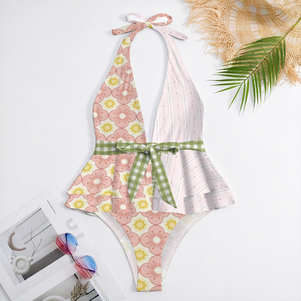 Women's Halter Gingham Belt Floral Print Swimsuit