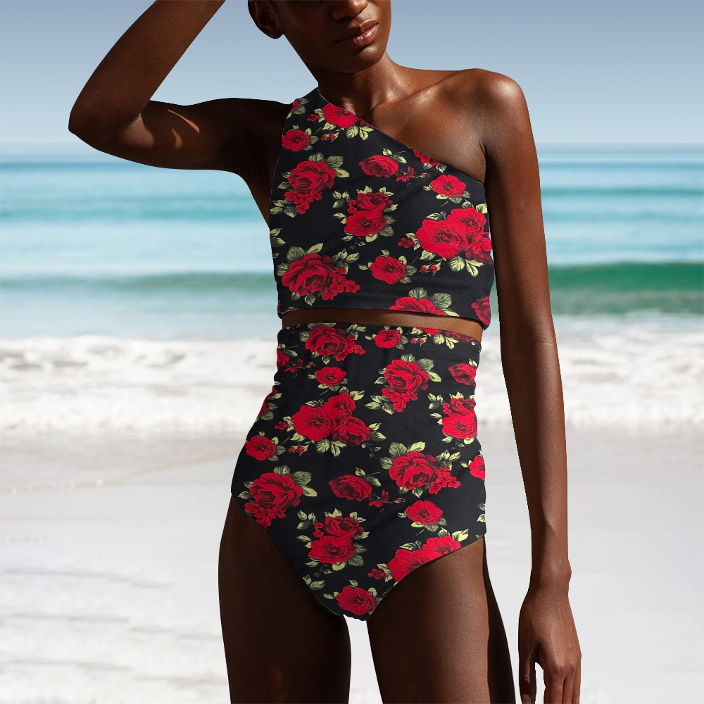 Rose Floral One-Shoulder High Waist Bikini Swimwear
