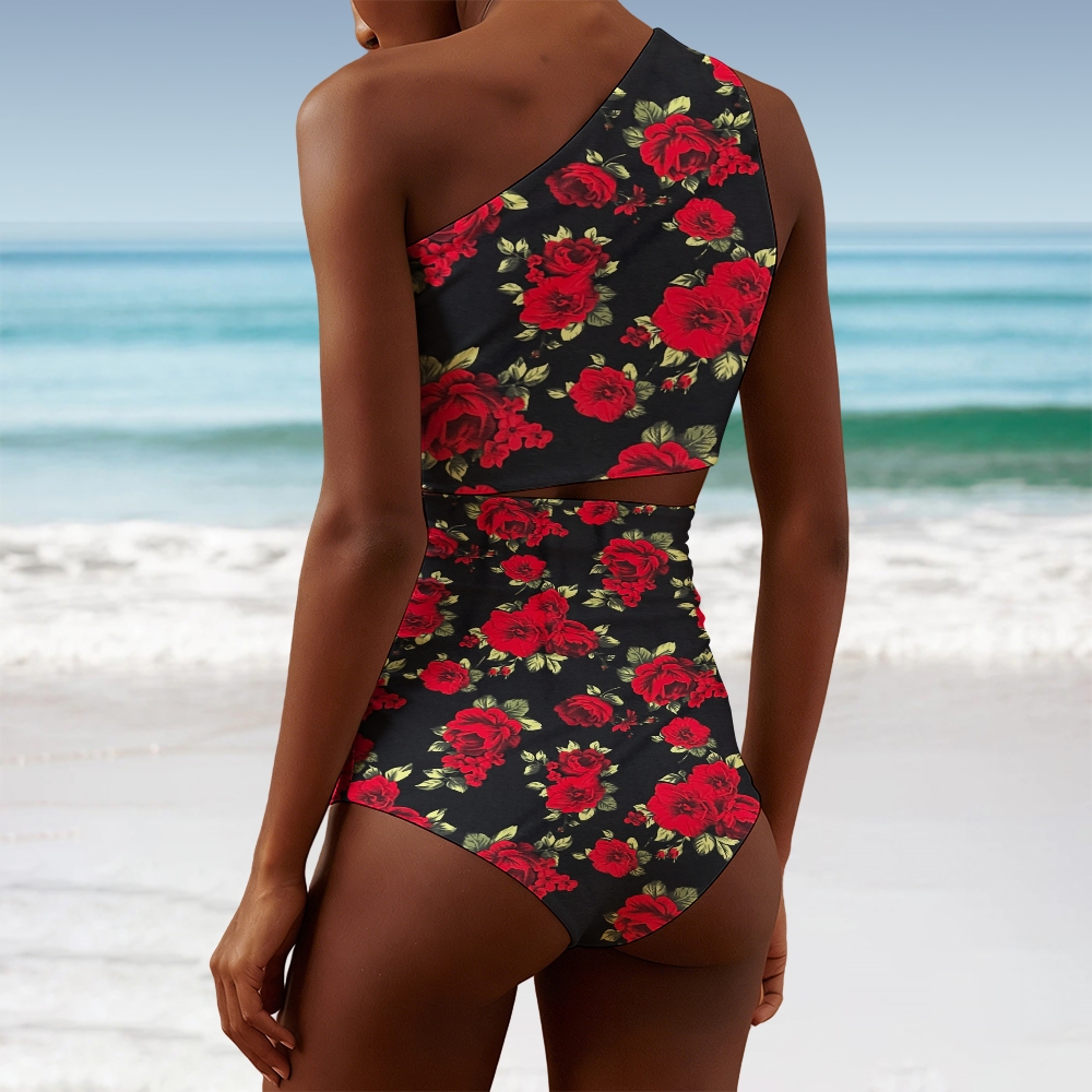 Rose Floral One-Shoulder High Waist Bikini Swimwear