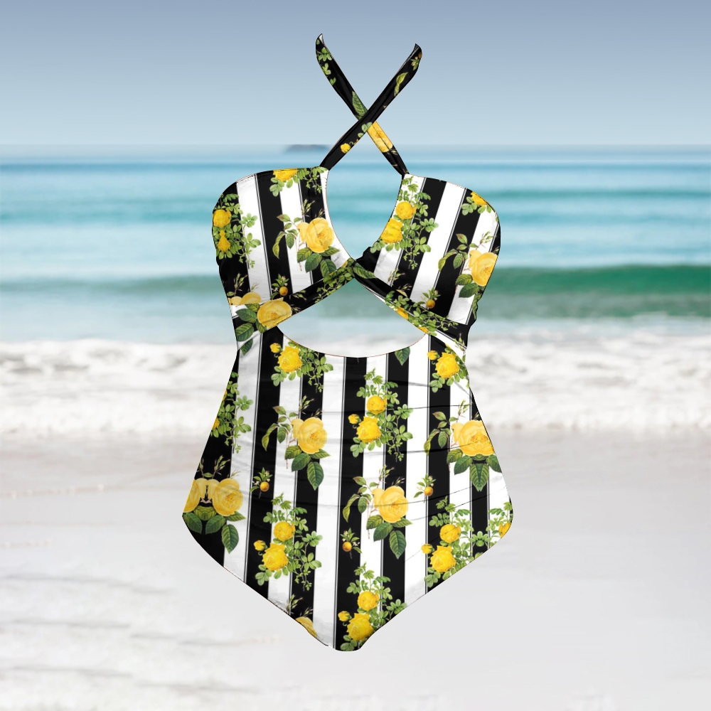 Stripe Yellow Rose Floral Halter Cutout Swimsuit