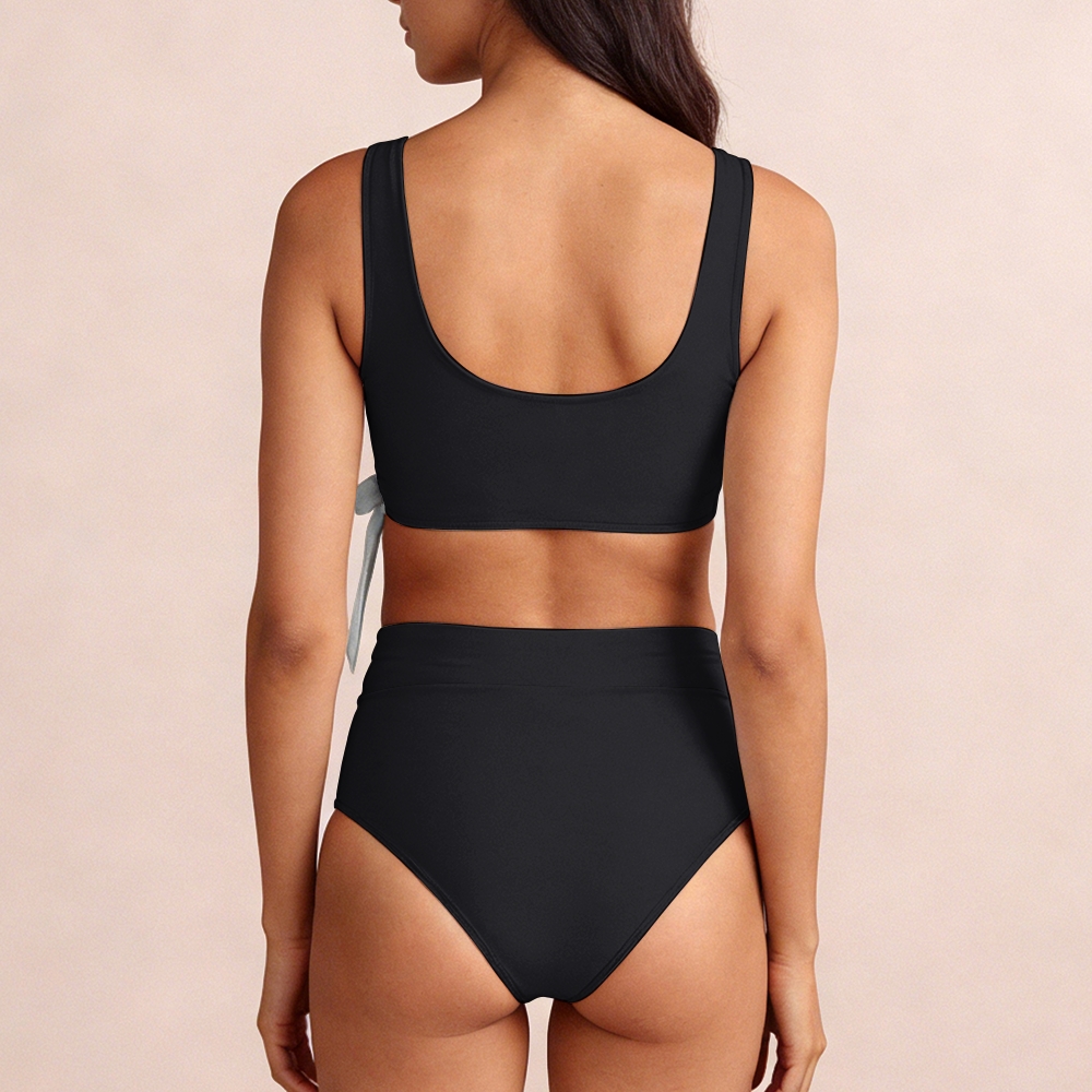 Black V-Neck Lace-Up Two-Piece Bikini Set