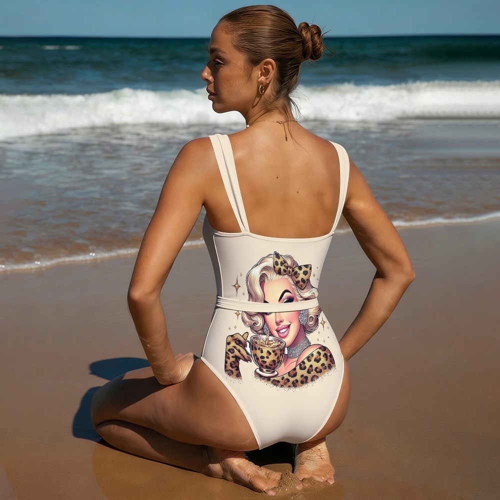 Illustration Character Leopard Print One-Piece Swimsuit