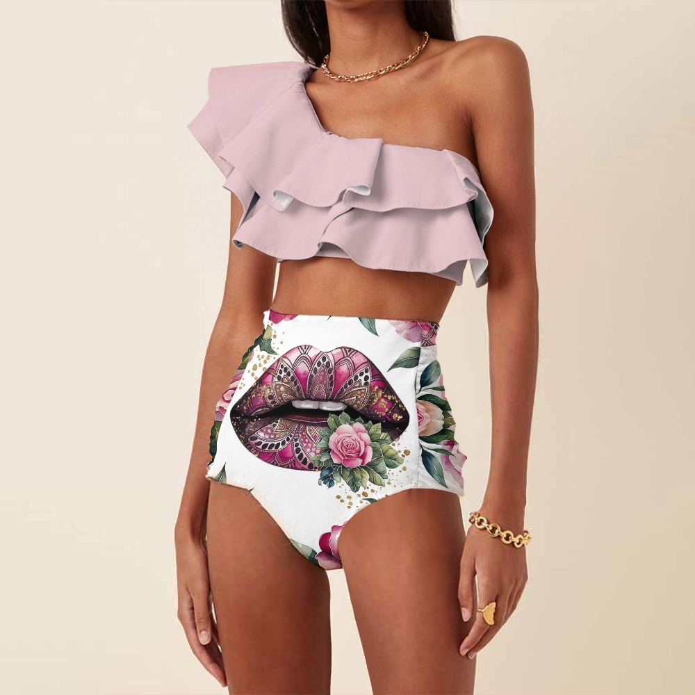 Painted Lips Floral Print Double Layer Ruffle Two Piece Swimsuit
