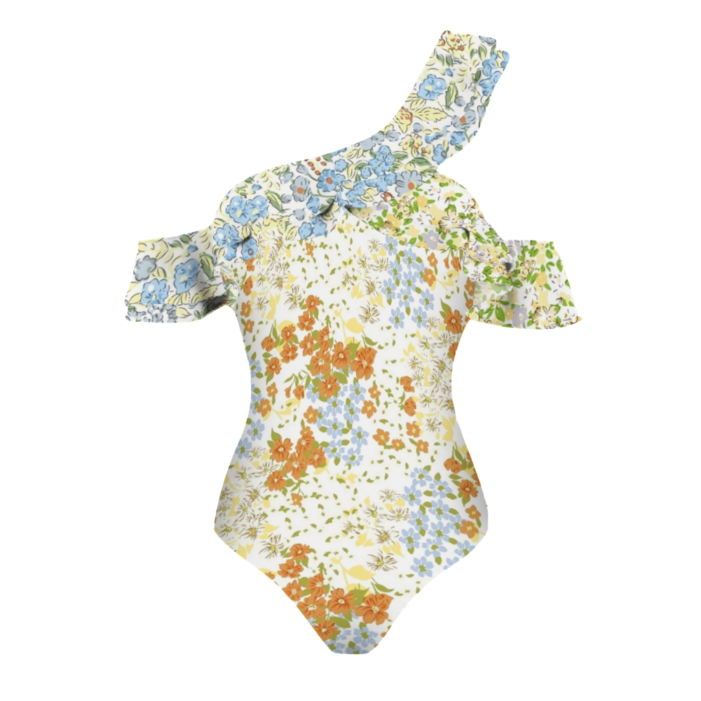 Women's Pastoral Floral Print One-shoulder One-piece Swimsuit