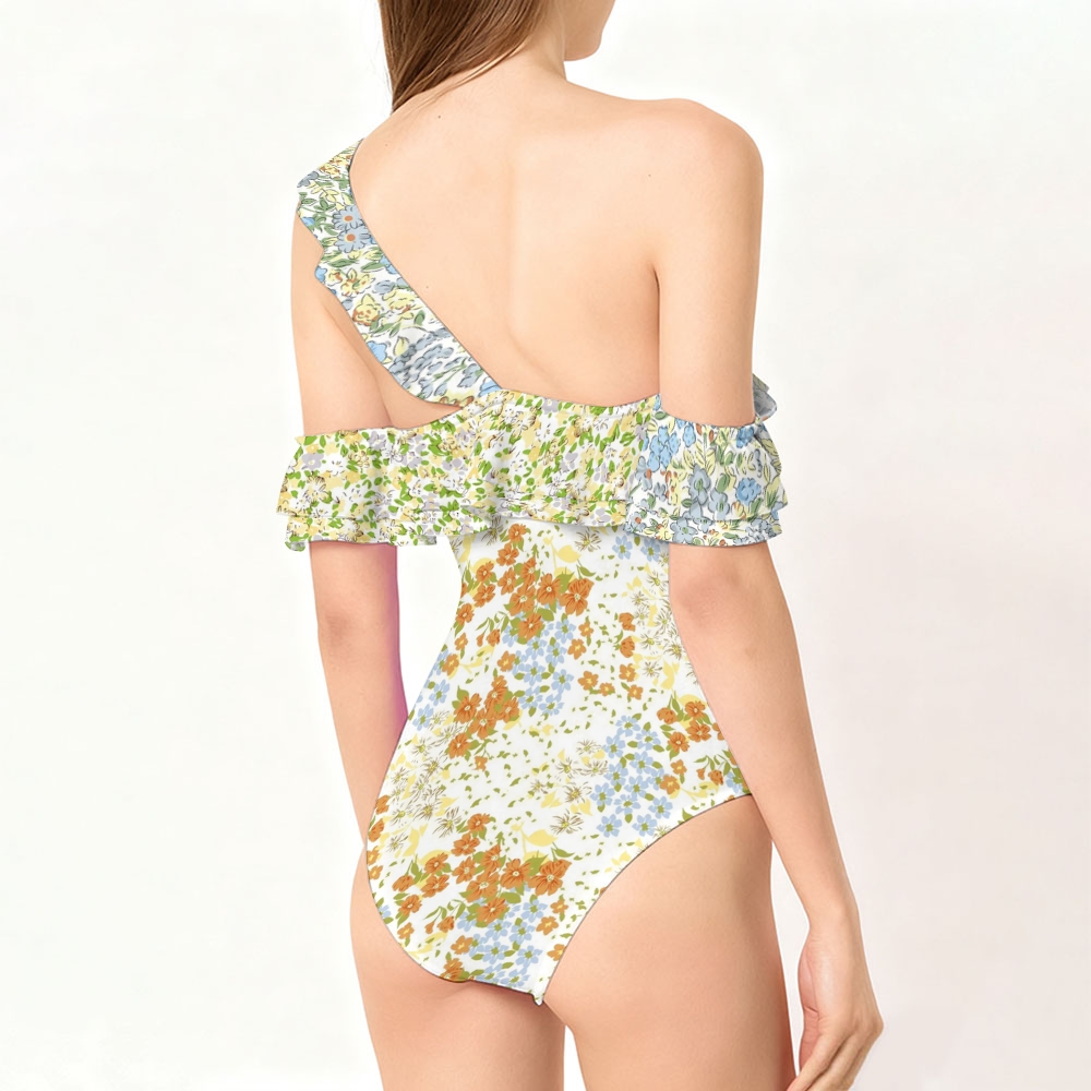 Women's Pastoral Floral Print One-shoulder One-piece Swimsuit