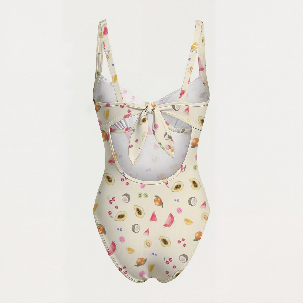 Tropical Fruit Print Contrast Trim Knotted Swimsuit