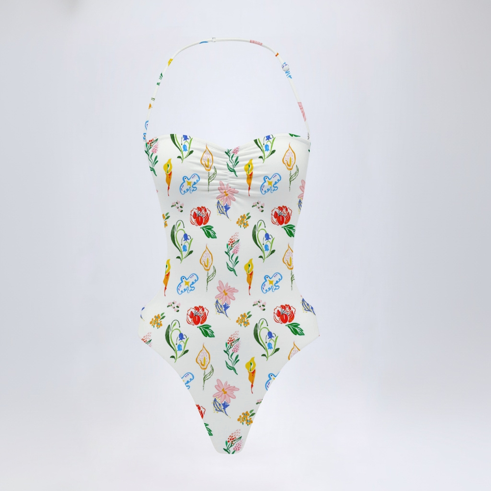 Bright Floral Print Cut-Out Swimsuit with Open Back