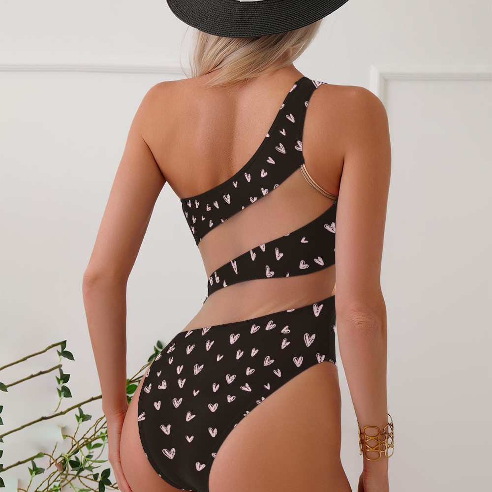Sweet Heart Print Asymmetric One-Piece Swimsuit