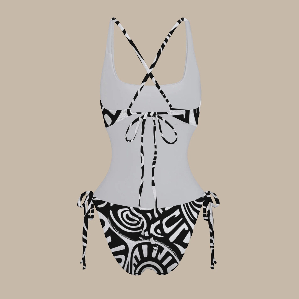 Black Tribal Print X Cross One-Piece Swimsuit