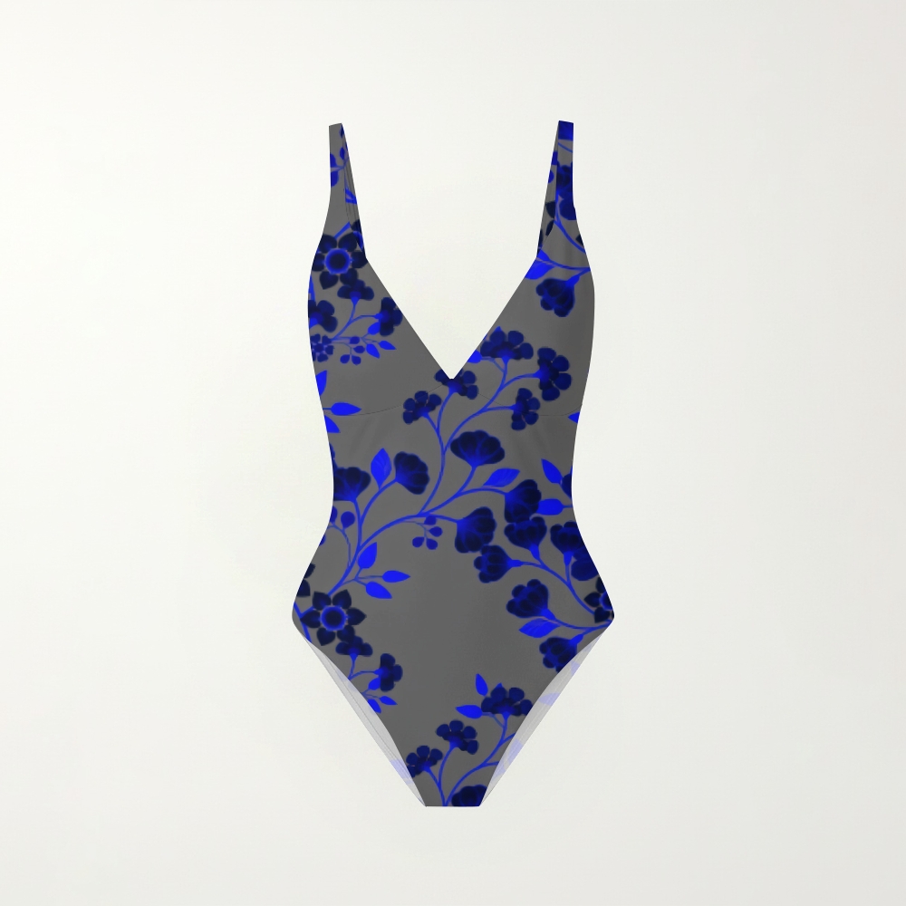 Grey Base Blue Floral Print Deep V Swimsuit