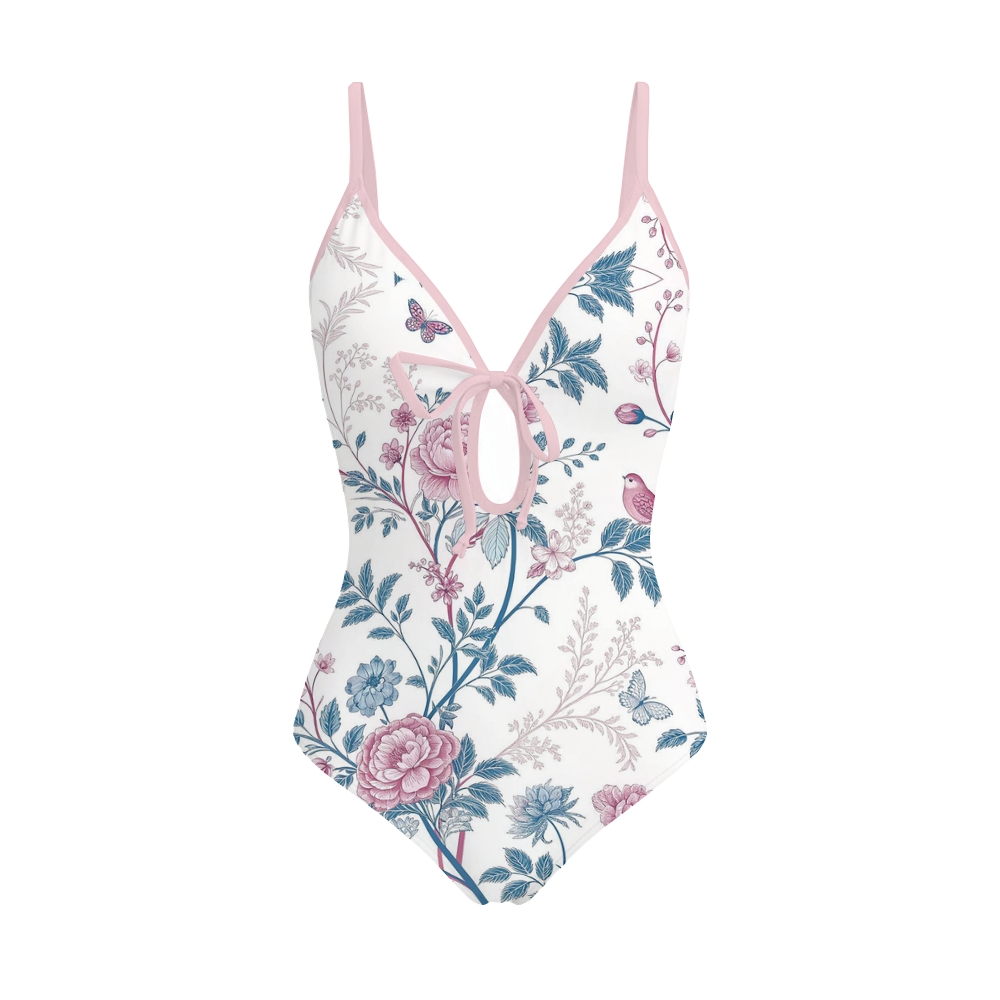 Floral Bird Print Swimsuit Pink Trim Sarong Swimsuit Set
