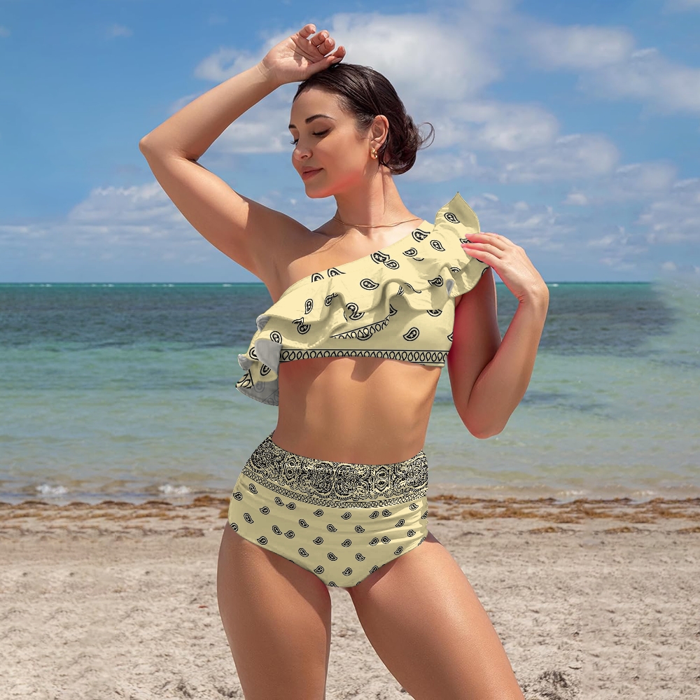 Paisley Print Ruffle High Waist Bikini Swimsuit