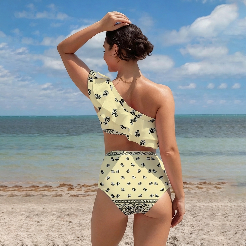 Paisley Print Ruffle High Waist Bikini Swimsuit