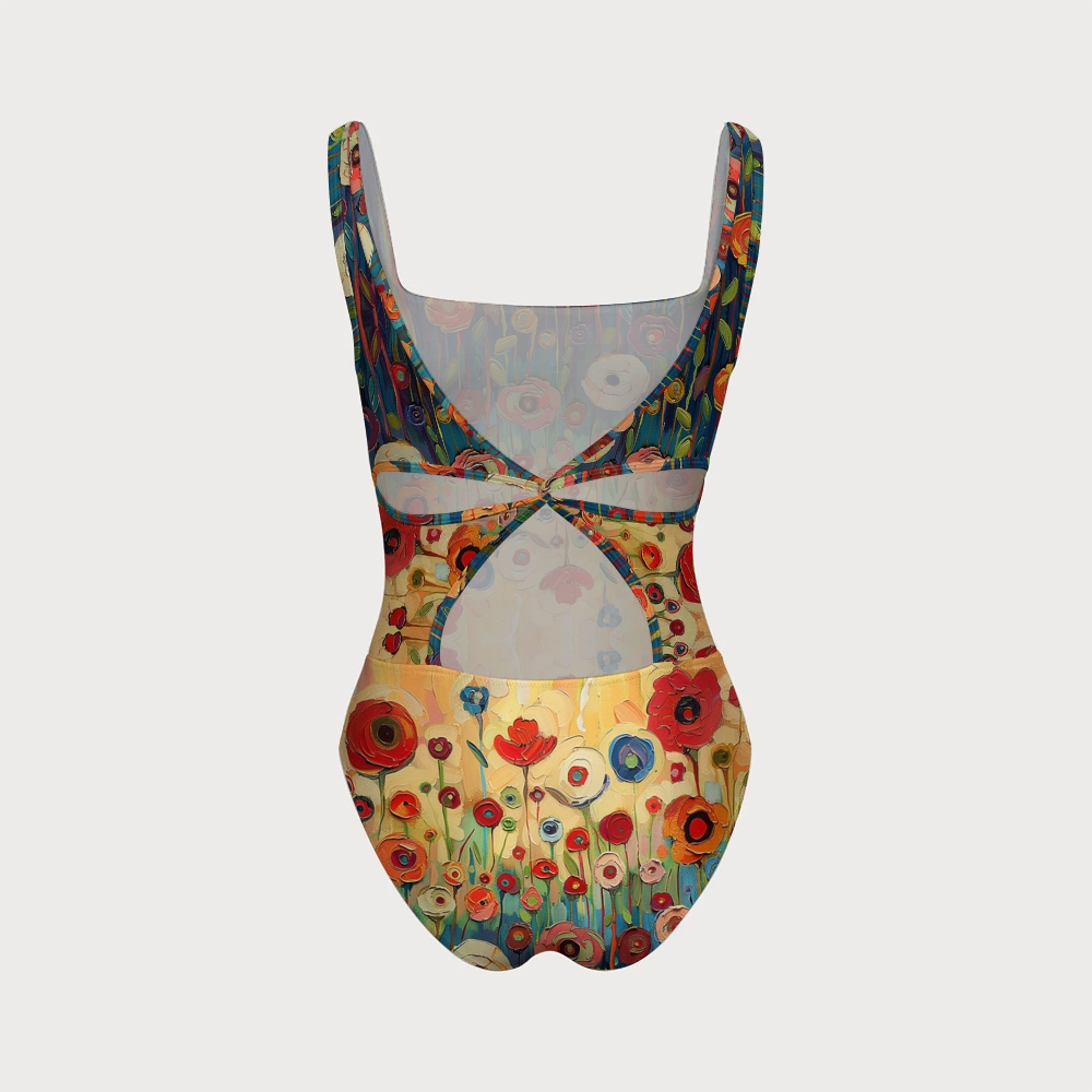 Oil Painting Floral Print Cross Back Swimsuit