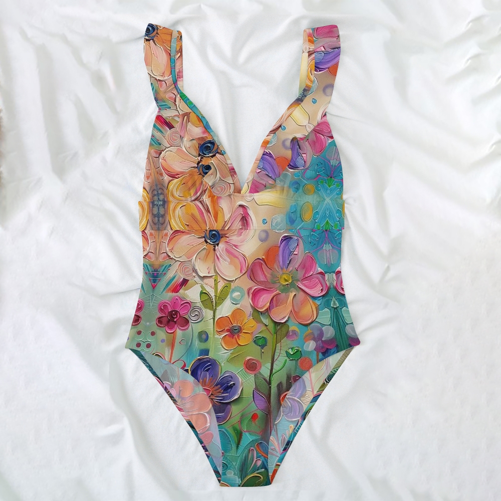 Oil Painting Floral Print Deep V Ruffle Swimsuit